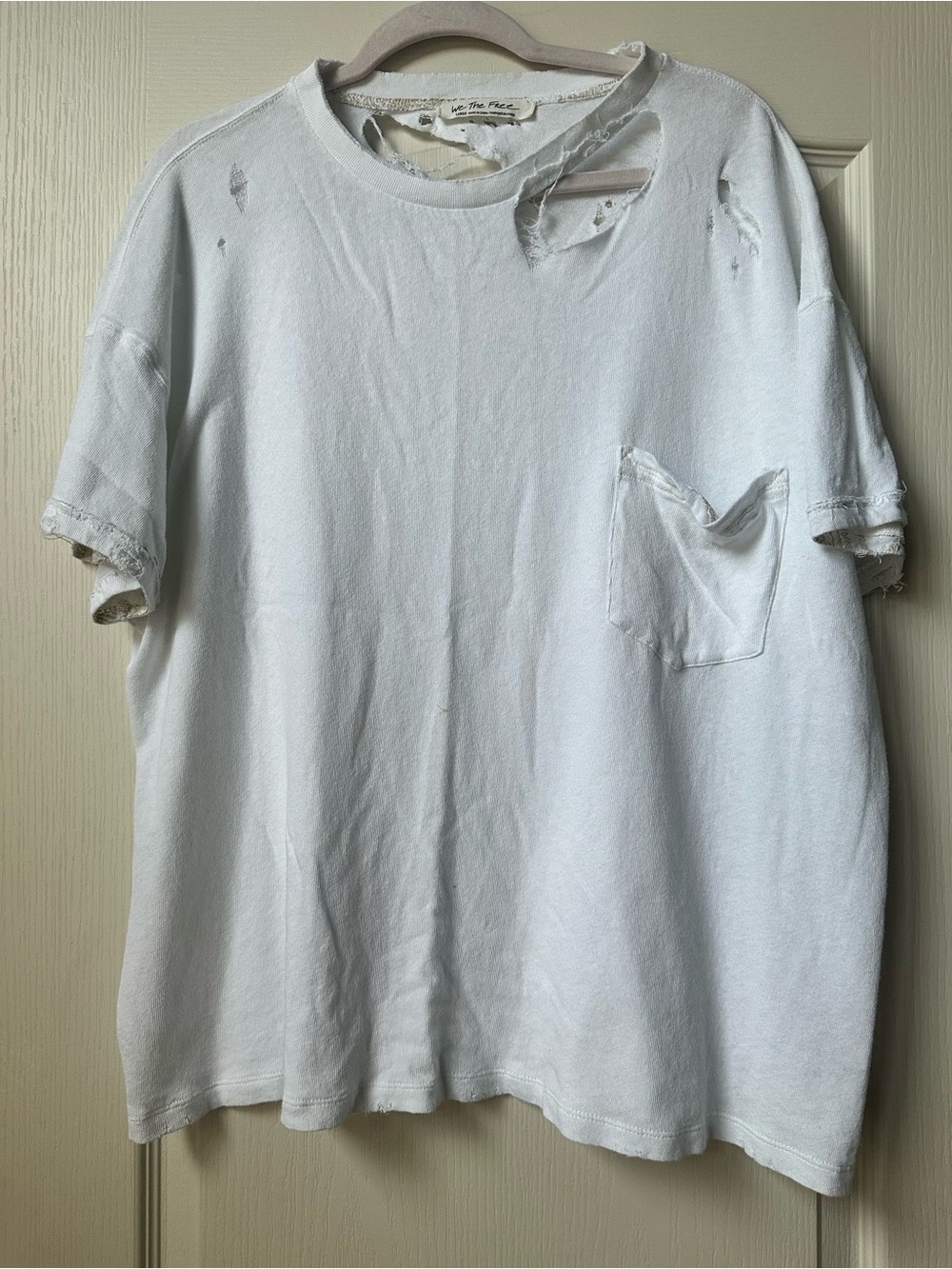We The Free White Distressed Short Sleeve Pocket Tee